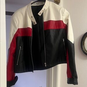 Chic Color Block Leather Jacket in Red, Black, and White